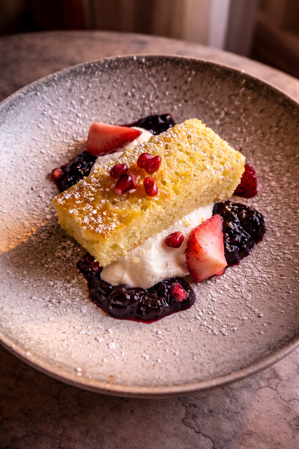 Olive oil cake with berry compote