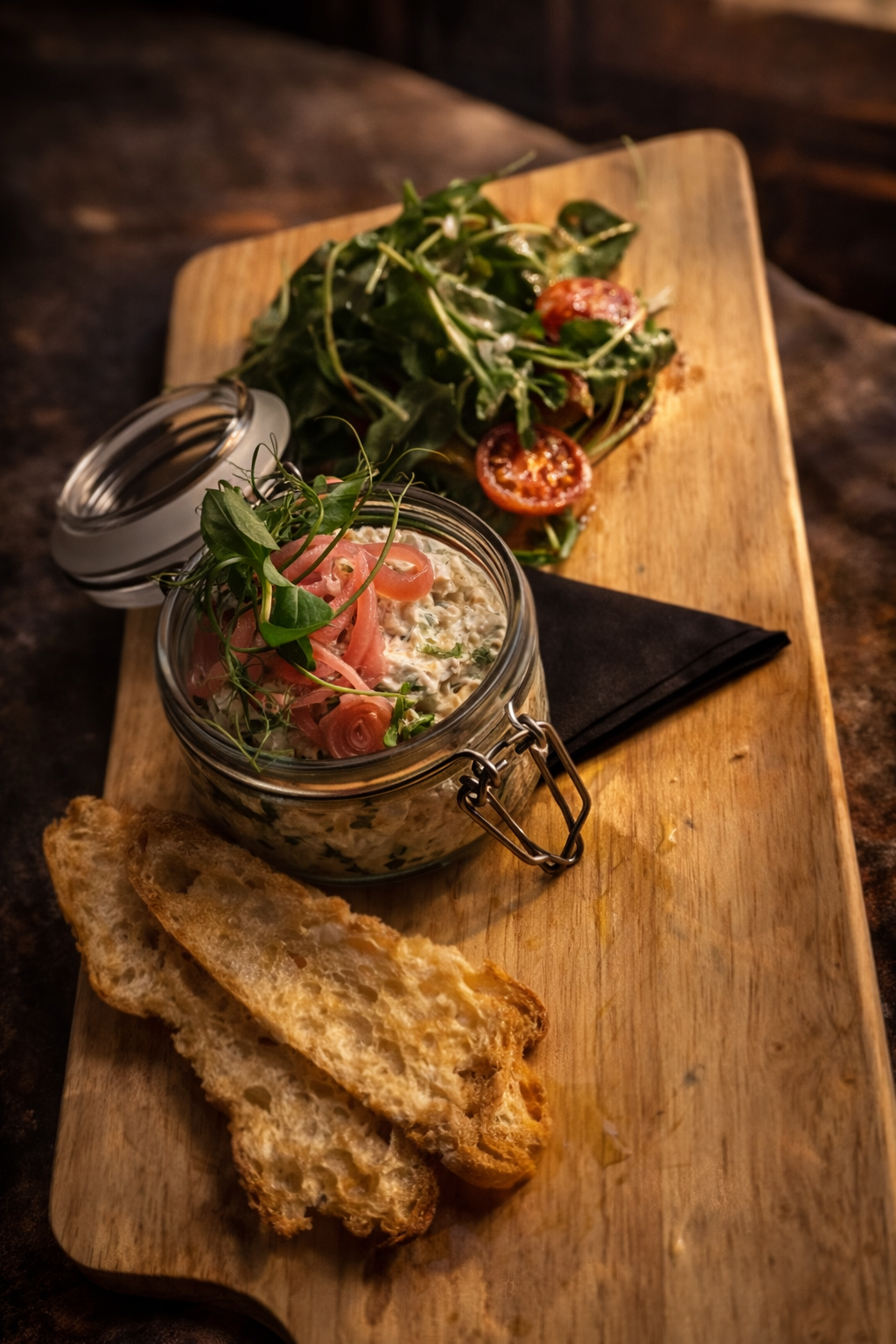 Smoked fish jar with toast